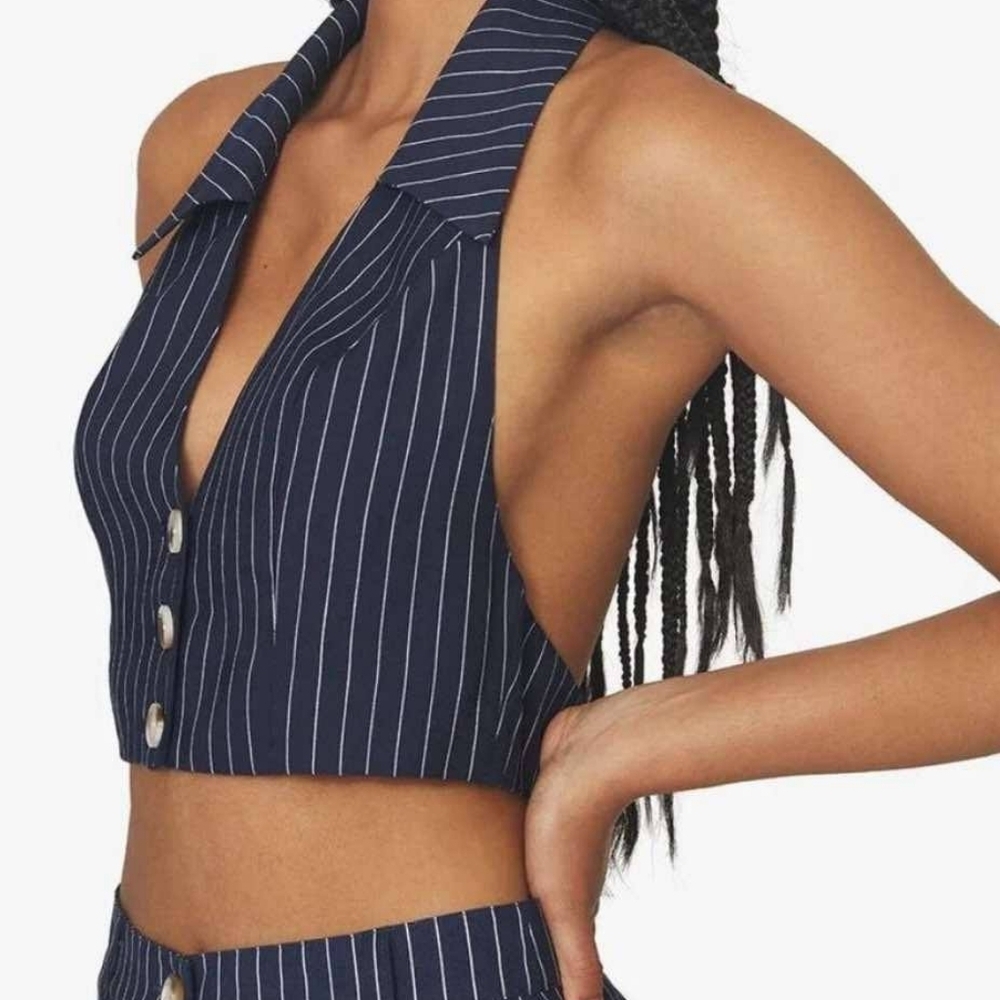 NWT WEWOREWHAT Bella Vest Pinstripe Dress Blues Size XL Revolve - Picture 2 of 4